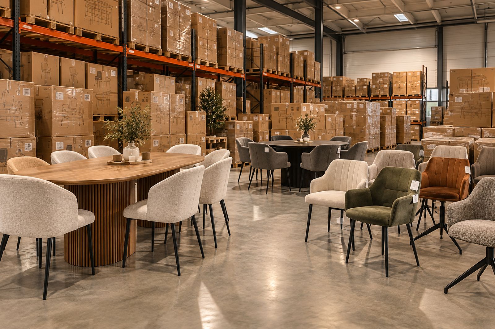 Onze showroom in Gent: eettafels met stoelen in bouclé, groen en cognac, met daarachter het magazijn vol dozen.