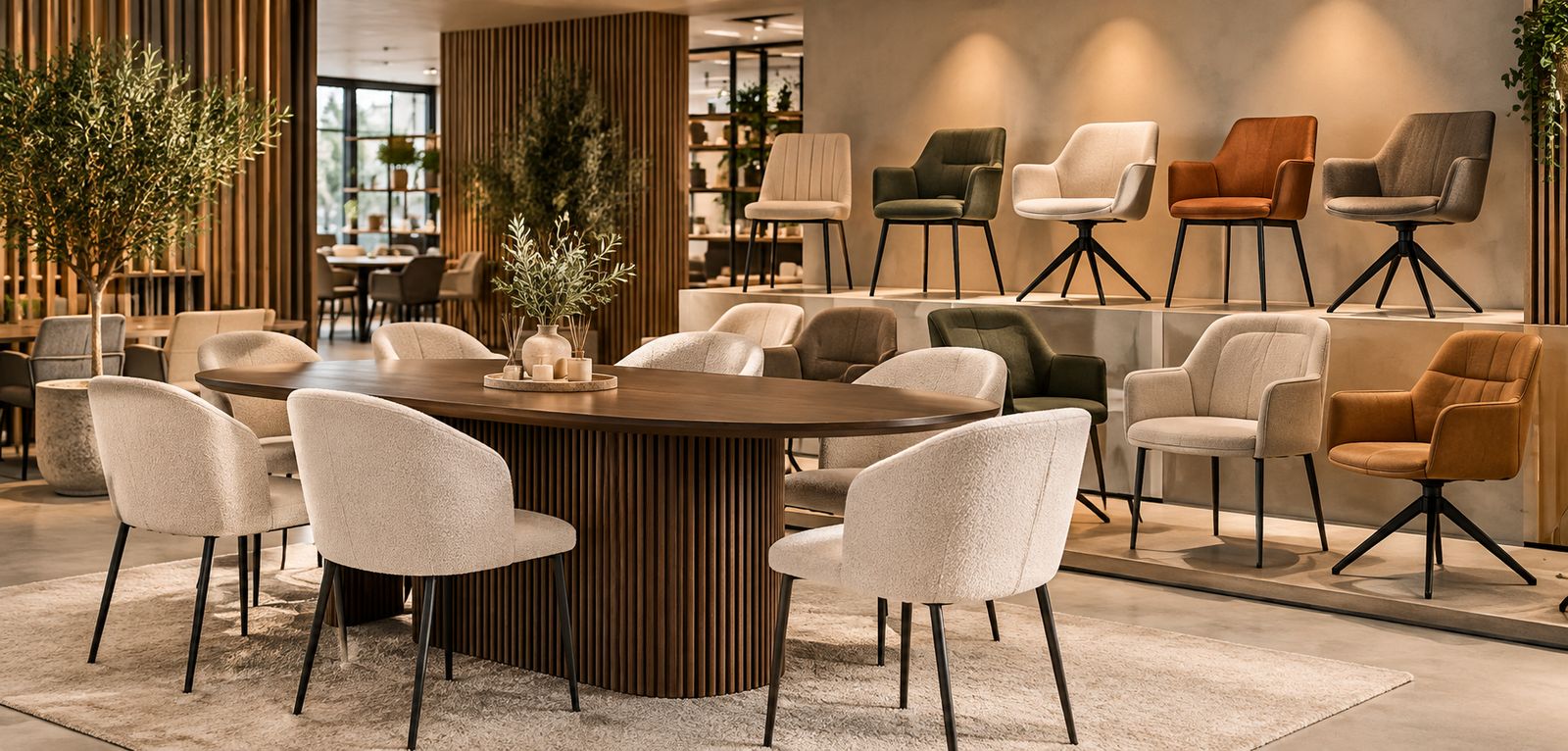 Een lange houten eettafel met beige stoelen, en op de achtergrond een wand vol stoelen in groen, beige en cognac.